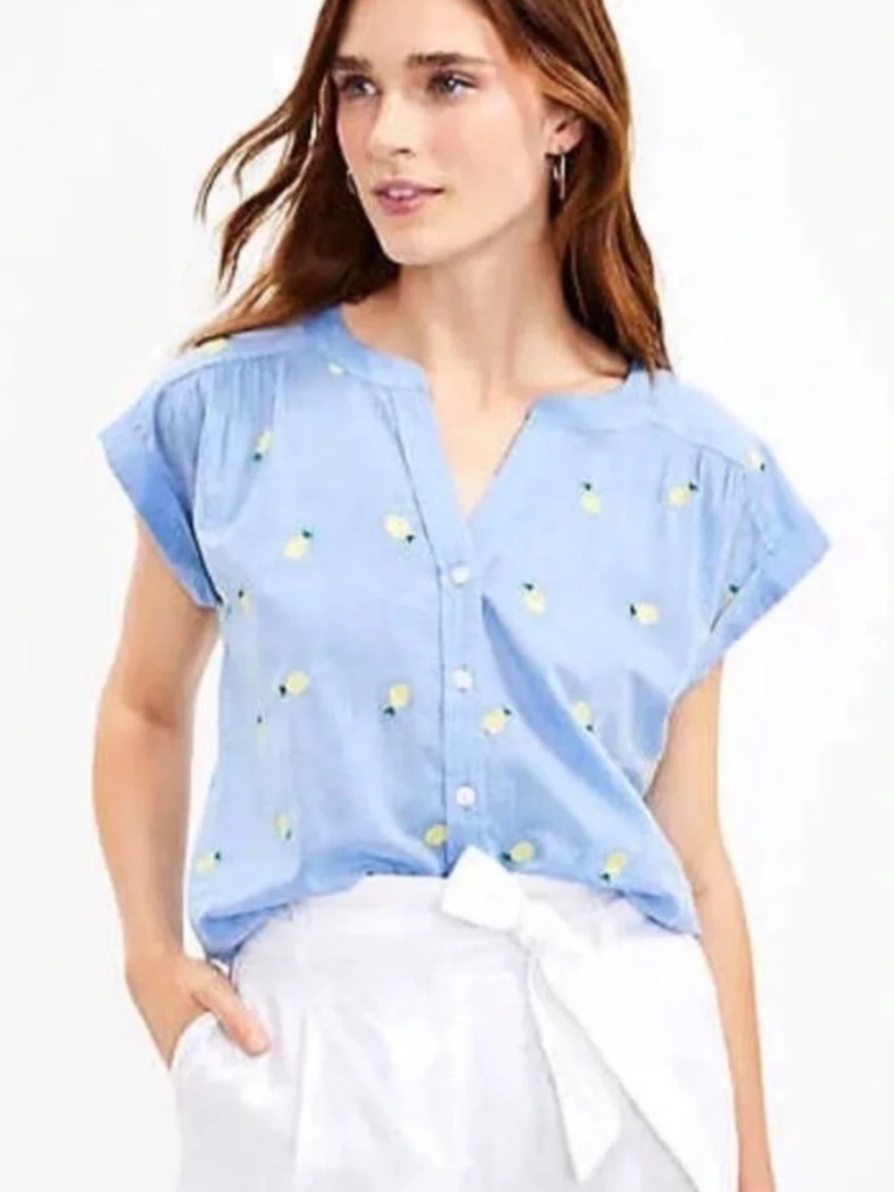 LOFT Lemon Dolman Button-Up Embroidered Top Size XL